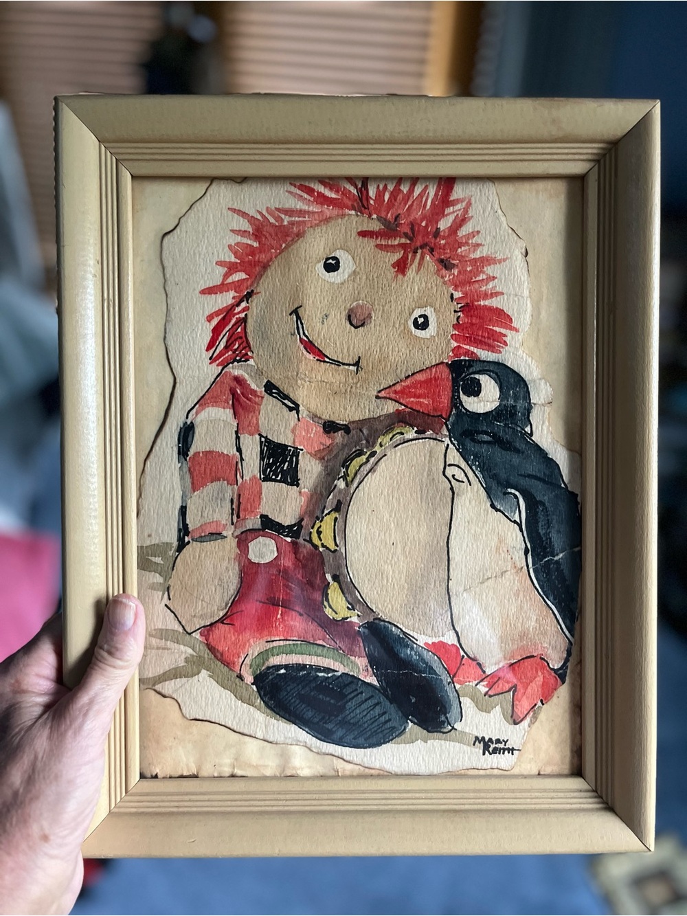 Vintage rescued original watercolor- Folk Characters Raggedy Andy & his penguin